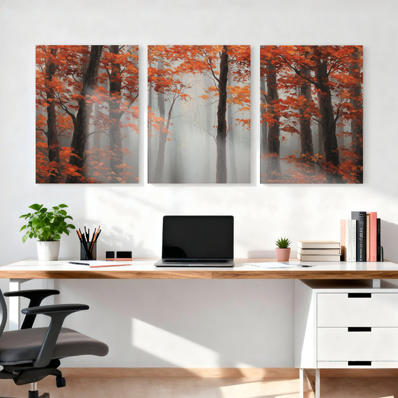 Ensemble de 3 tableaux sur toile représentant un paysage de forêt d'automne, H 24 po x l 48 po