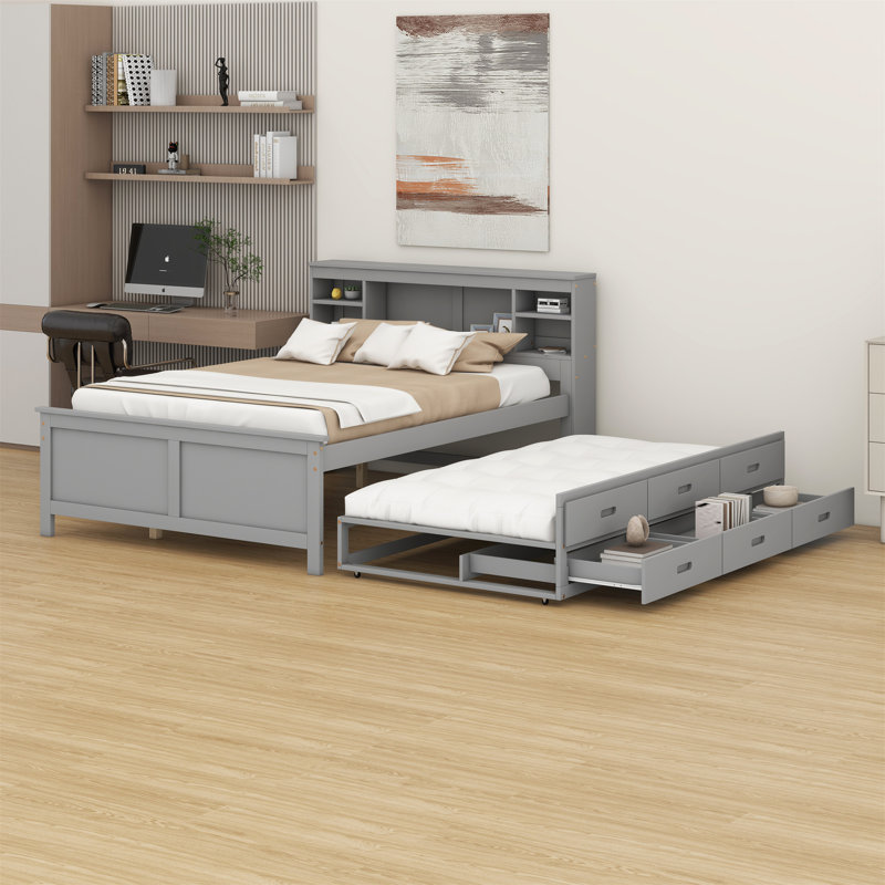 Lit plateforme avec tête de lit, USB, lit gigogne et 3 tiroirs, Gris, Double