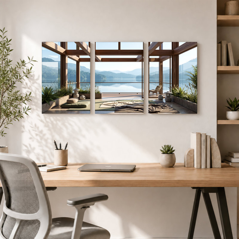 Ensemble de 3 toiles modernes en bois surplombant le lac et les montagnes, 24"H x 16"W x 3pcs