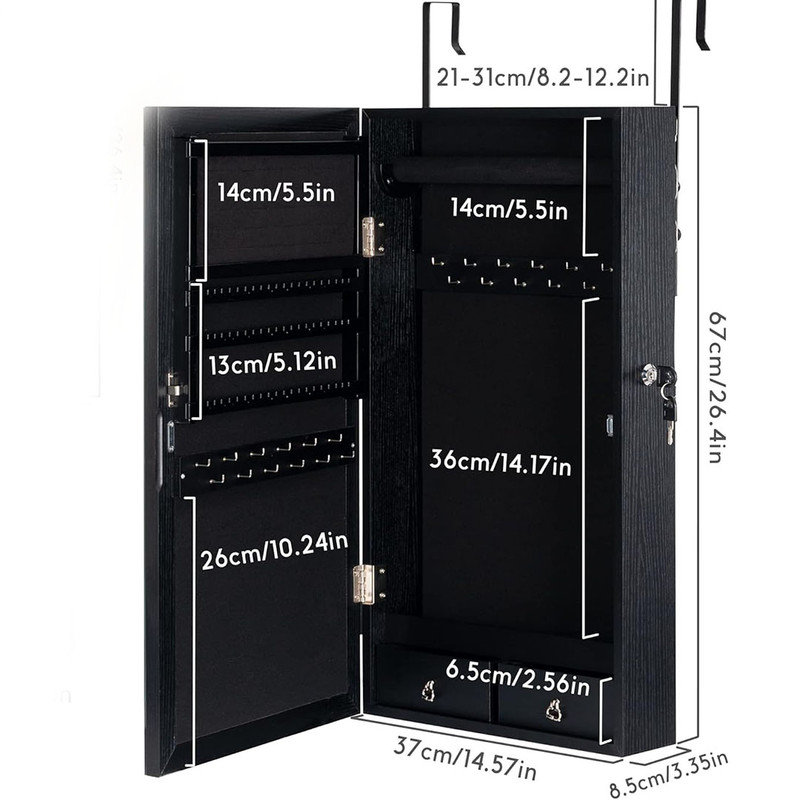 Jewellery Armoire with LED Lighted Mirror, Frameless Mirror with 3 Colour Lights, Hanging Organizer with 2 Drawers, Black