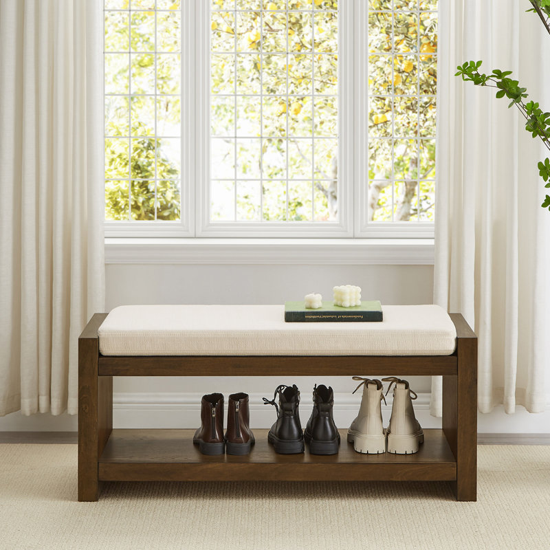40" Accent Bench with Lower Shelf Shoe Rack, Padded Seating Bench for Living Room, Modern Compact Bed End Bench with Storage for Bedroom Seating, Removable Cushion, 40"W