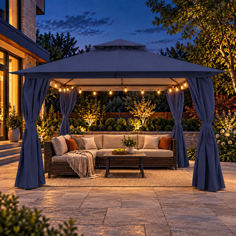 Gazebo de terrasse à double toit souple, structure en acier, 3,66 m x 3,66 m, Bleu