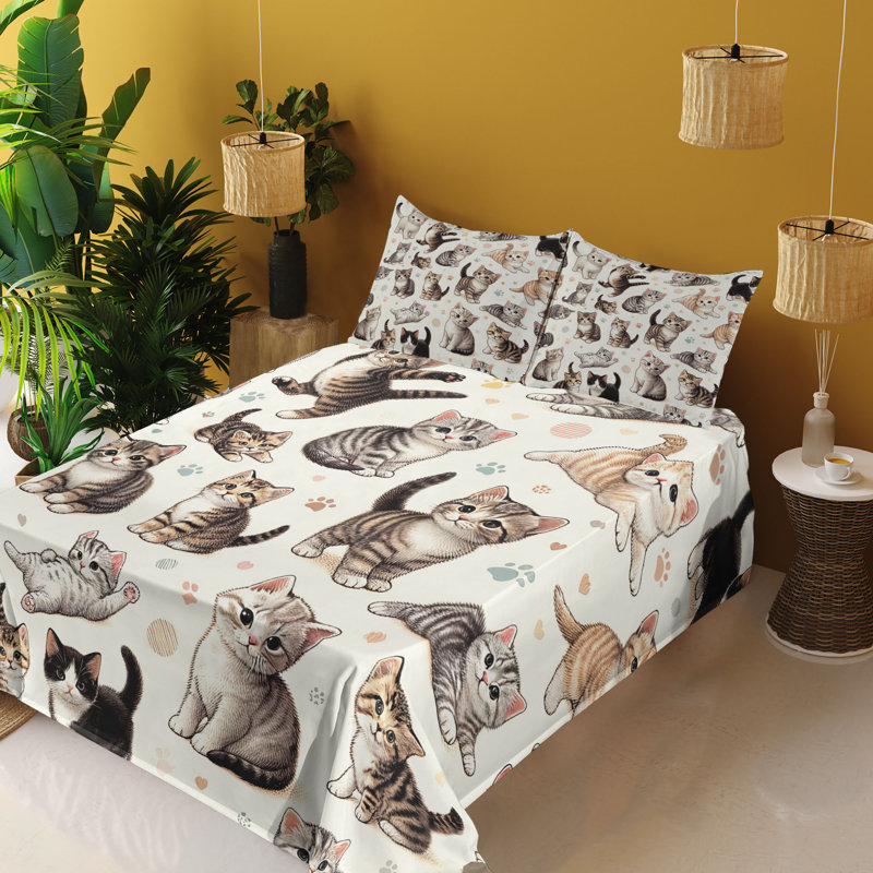 Microfiber Sheet Set, Cal King Sheet Set with 2 Pillowcases, White Taupe Kittens