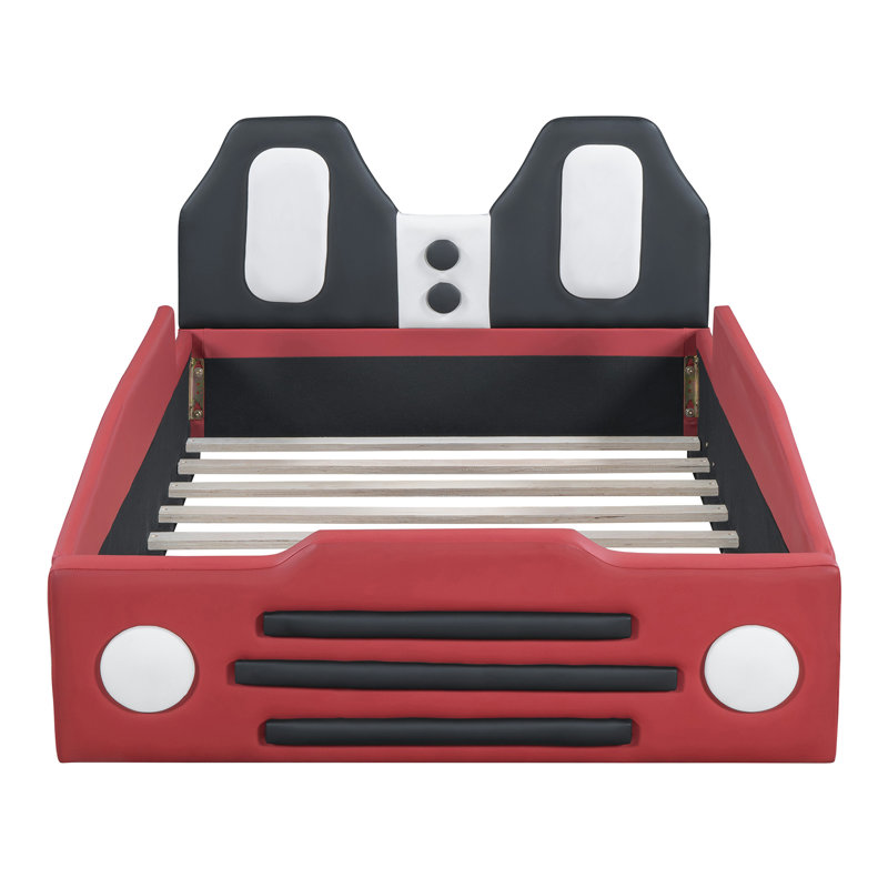 Lit plateforme simple en forme de voiture de course avec roues, Rouge