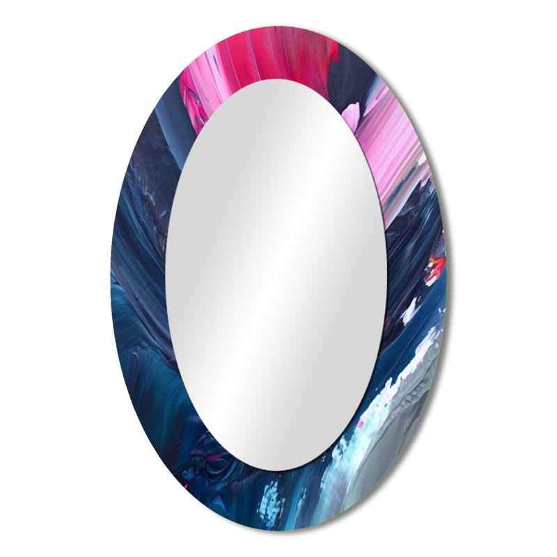 Blue and Pink Textured Art - Abstract Oval Decorative Mirror On Metal, 36" x 24"