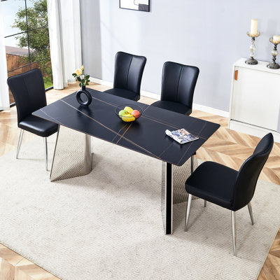 Table et chaise en marbre noir avec 4 sièges stables en PU