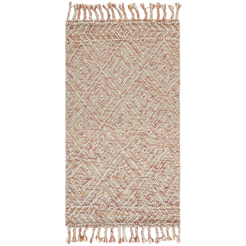 Stathelle Hand Loomed Wool/Cotton Geometric Rug in Ivory/Red, Rectangle 3' x 5'