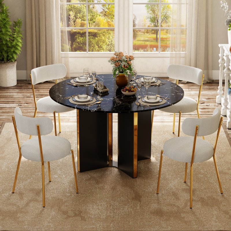 Table de salle à manger ronde 47 "à l'apparence de marbre, table de salle à manger à piédestal avec accents en métal, sièges 4 à 6