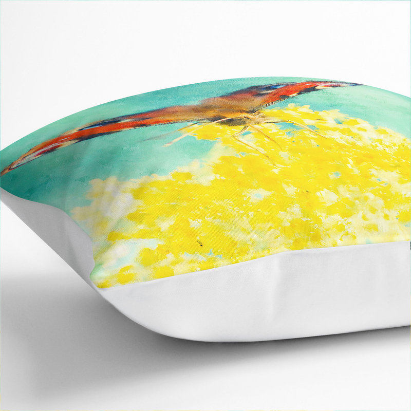 Butterfly On A Yellow Flower Painting Square Throw Cushion, White, 40cm H x 40cm W x 15cm D