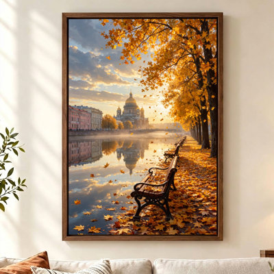 Nature Landscape Framed Canvas Art, Golden Dome Canal Scene, Brown Floater Frame, 24" H x 16" W x 1" D