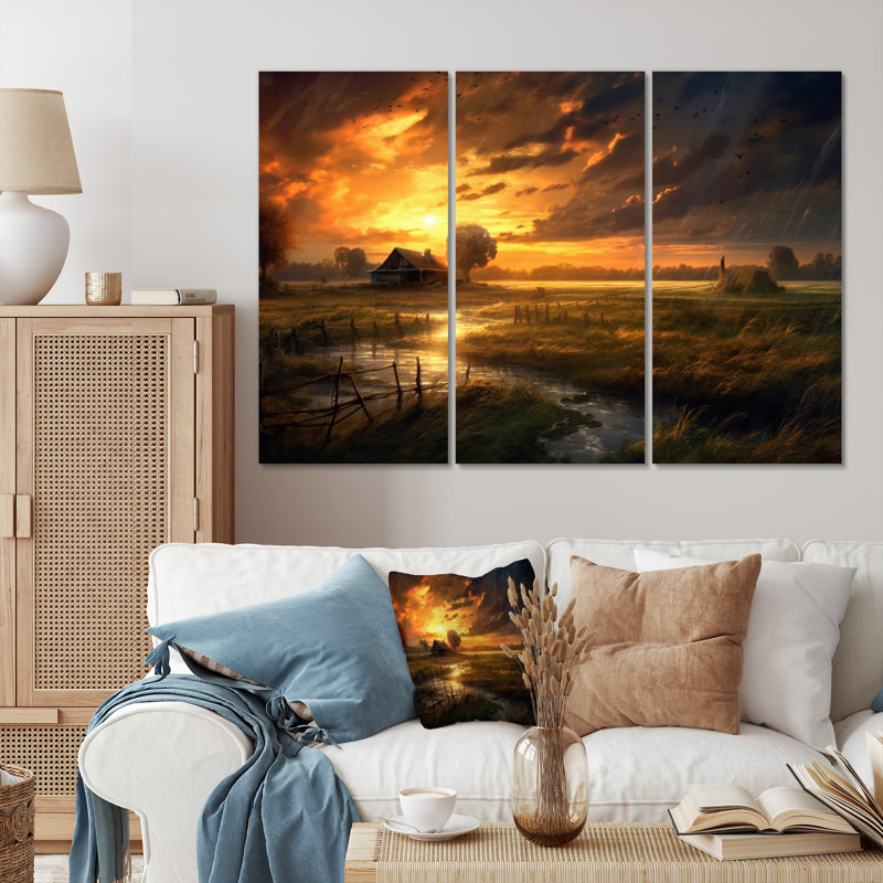 Glorious Sunset Over Waterway In The Fields I 3 pièces, H 28 po x l 36 po x P 1 po