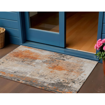 Tapis intérieur/extérieur lavable, abstrait, orange et gris, 90 x 150 cm