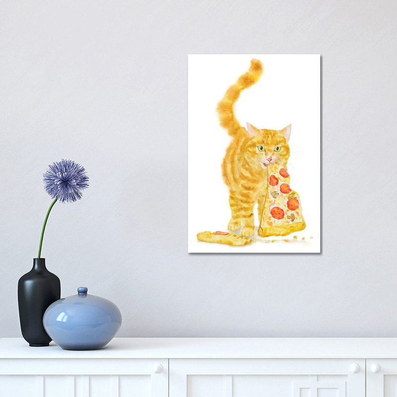 Orange Cat And Pizza by Alexey Dmitrievich Shmyrov - Wrapped Canvas Print, 30.48 cm H x 45.72 cm W