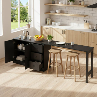Buffet 89,73 pouces multifonctionnel avec plateau de table extensible à deux portes et trois tiroirs en bois