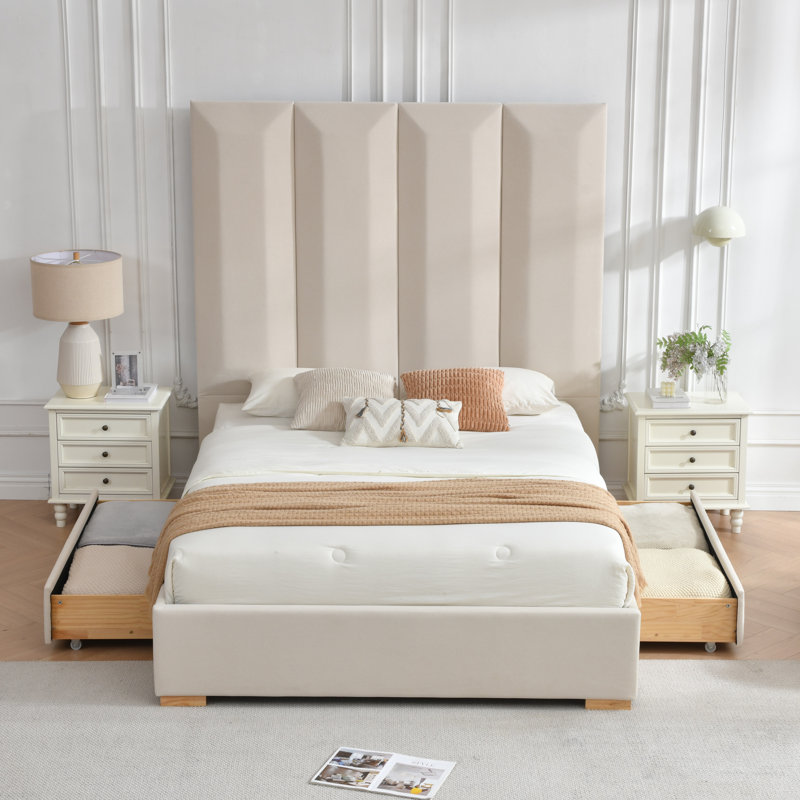 Lit plateforme tapissier de 71,5 po avec 2 grands tiroirs de rangement en bois Juanetta, Très grand, Beige