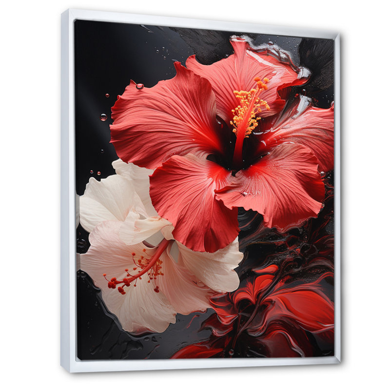 Fleurs de marguerite rouge II - décoration murale florale, Cadre flottant blanc, H 40 po x l 30 po x P 1,5 po