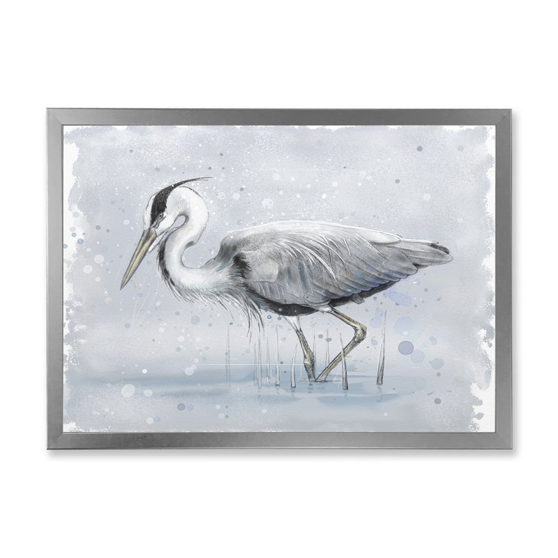 Gris héron, peinture sur toile, H 24 po x l 32 po x P 1 po, Encadrement argenté