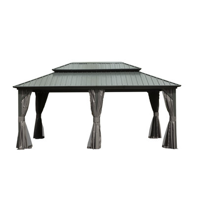 Pavillon de jardin à toit rigide de 12 pi x 18 pi, pavillon en métal et aluminium avec double toit en acier galvanisé, rideau et filet, pavillon de pavillon permanent pour la fête, le mariage, les repas en plein air, brun