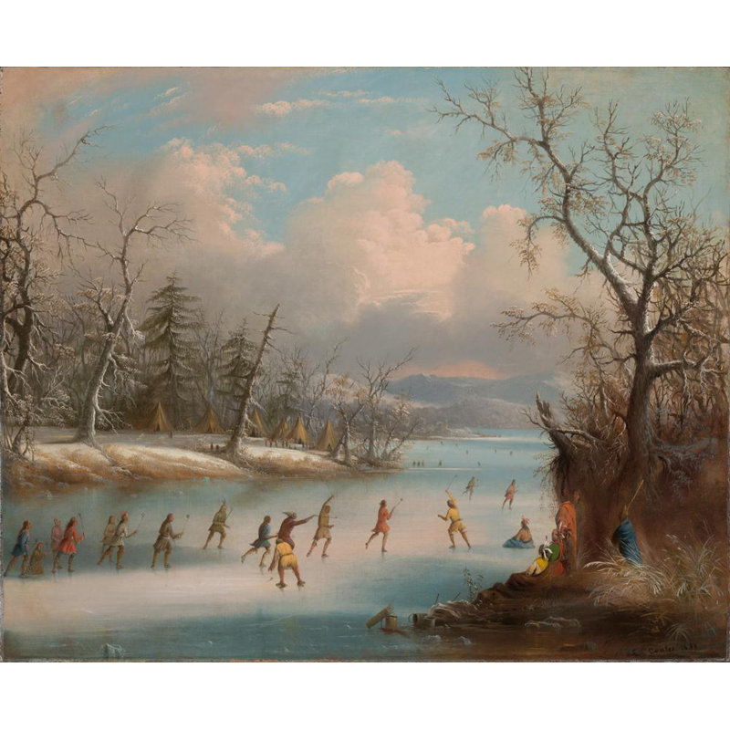 «Indians jouer à la crosse sur la glace» par Edmund C. Coates - Art mural sur toile tendue, H 17 po x l 24 po