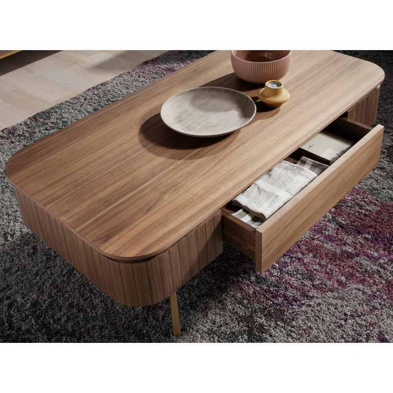 Rectangular coffee table in walnut and gold polished