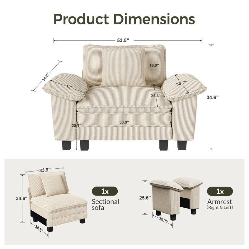Deep Seat Sofa Chair With Throw Pillow, Corduroy White