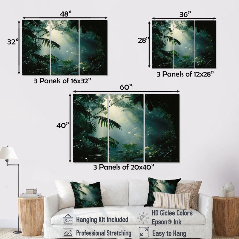 Jungle S Verdant Embrace - Ensemble de décoration murale Jungle, H 28 po x l 36 po x P 1 po, Toile tendue
