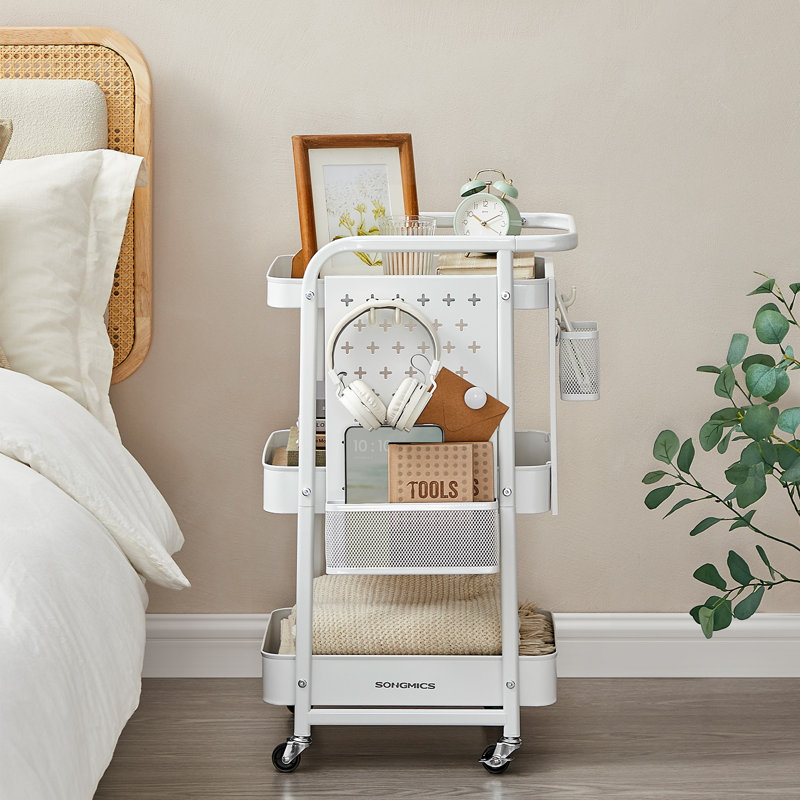 29.1'' H X 17'' W 3-Tier Rolling Utility Cart with 2 Hanging Holders, 2 Removable Pegboards and 4 Hooks, White