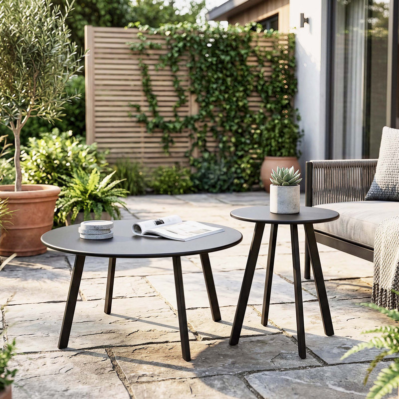 Ensemble de 2 tables gigognes rondes, tables d'appoint modernes à structure en métal, conception peu encombrante pour les espaces intérieurs et extérieurs