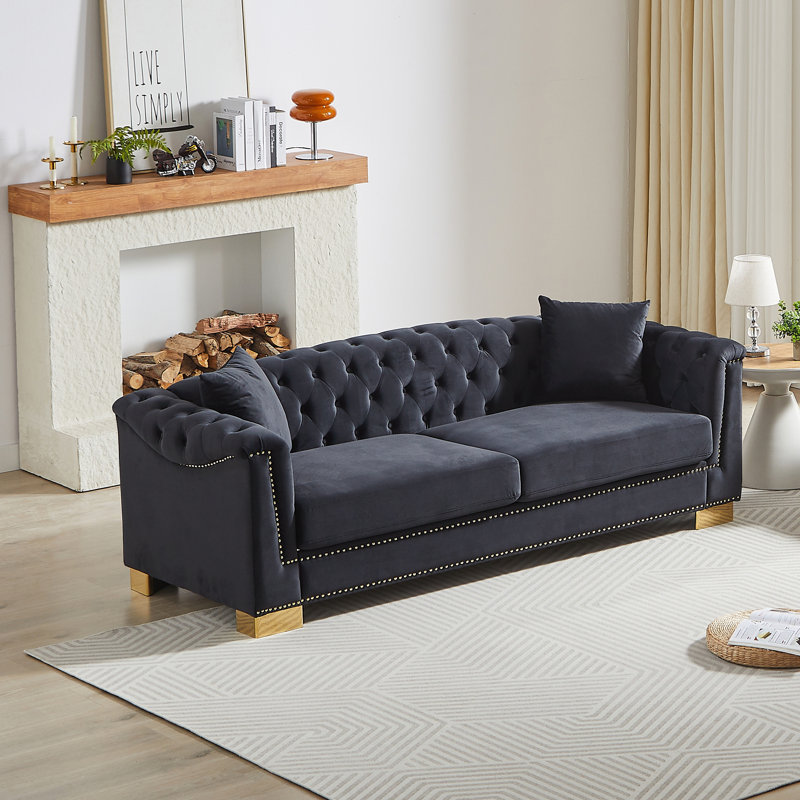 Boneless Classic Modern Chesterfield Sofa with Velvet and Rolled Arms, Three-Seater, Black