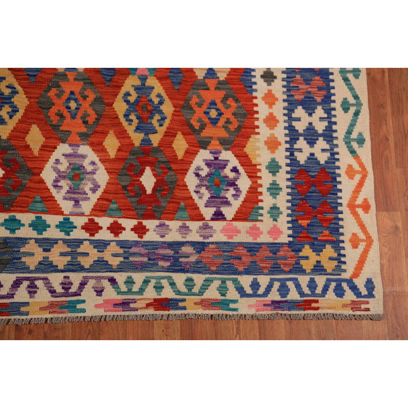 Tapis oriental géométrique en laine Kilim 8 x 12