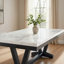 Rectangular 6 Dining Table With Glossy Marble Surface And Black Trestle Stand Modern 6 Top Strong Base-1805484956