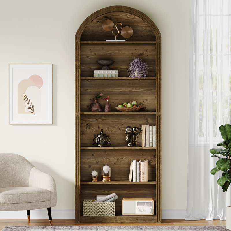Tall Arched Bookcase, 6 Shelves  (77.16" H x 31.5" W x 11.81" D), Brown