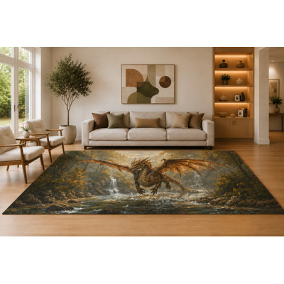 Grand tapis de dragon volant brun et gris 6 pi 7 po x 9 pi 10 po «Ultra Light Poids» pour le salon, tapis doux à poils courts avec envers en silicone antidérapant, décor pour la salle à manger de la chambre à coucher et le bureau personnel
