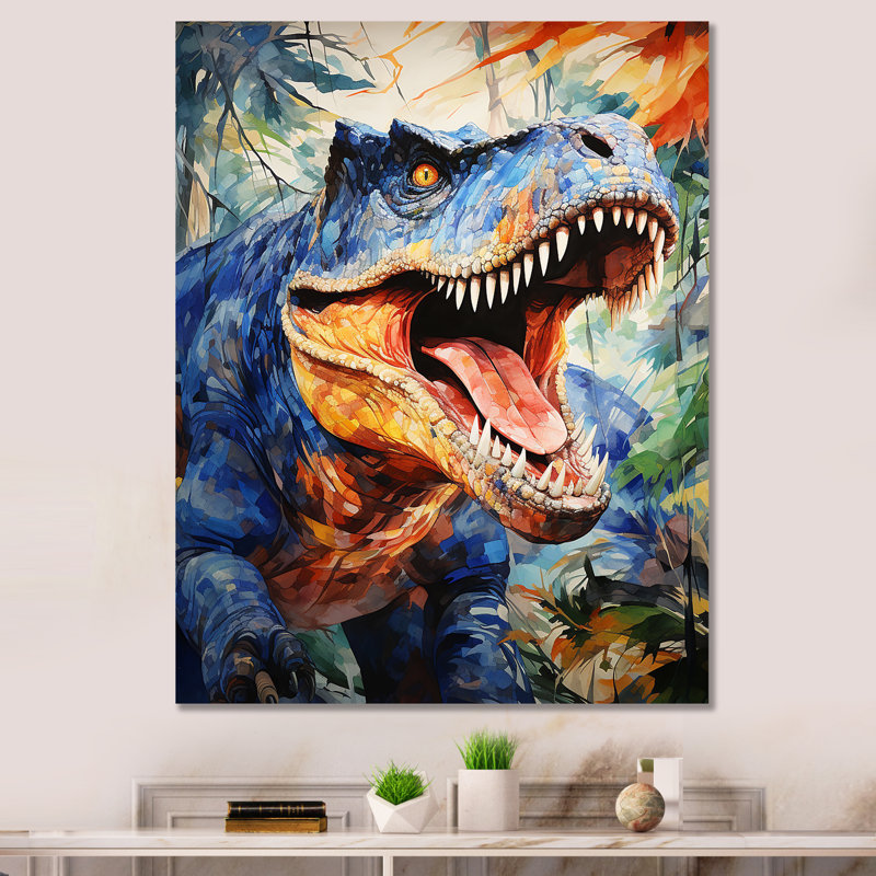 «Colorful Roaring Trex Dinosaur II», art mural dinosaure, Toile tendue, 32" H x 24" W
