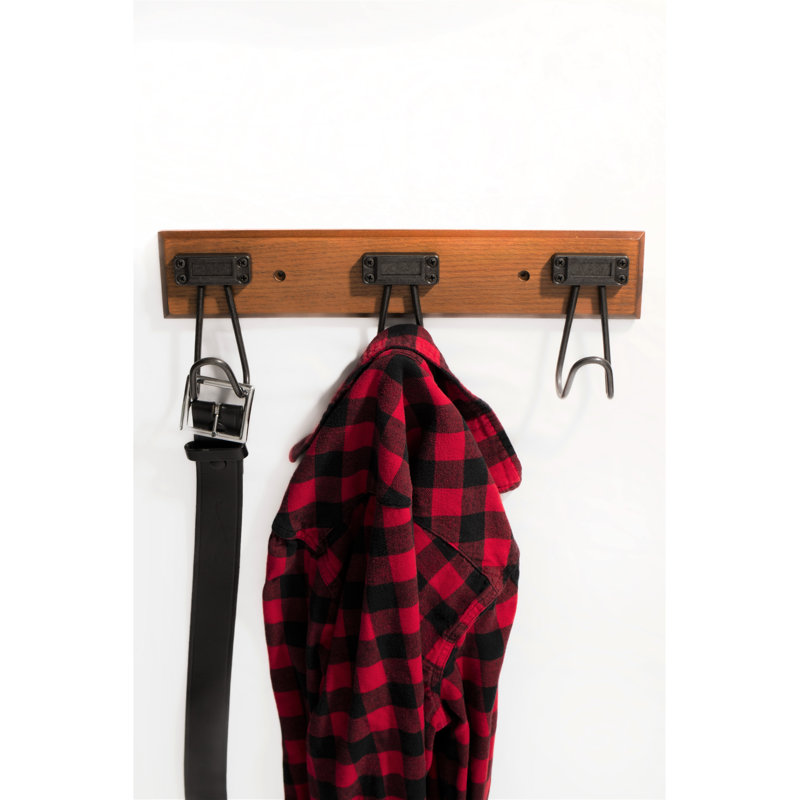 16'' Walnut and Black Metal Wall Mounted Hook Rack with 3 Hooks