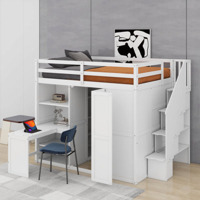 Lit mezzanine double avec garde-robe, bureau et tablettes