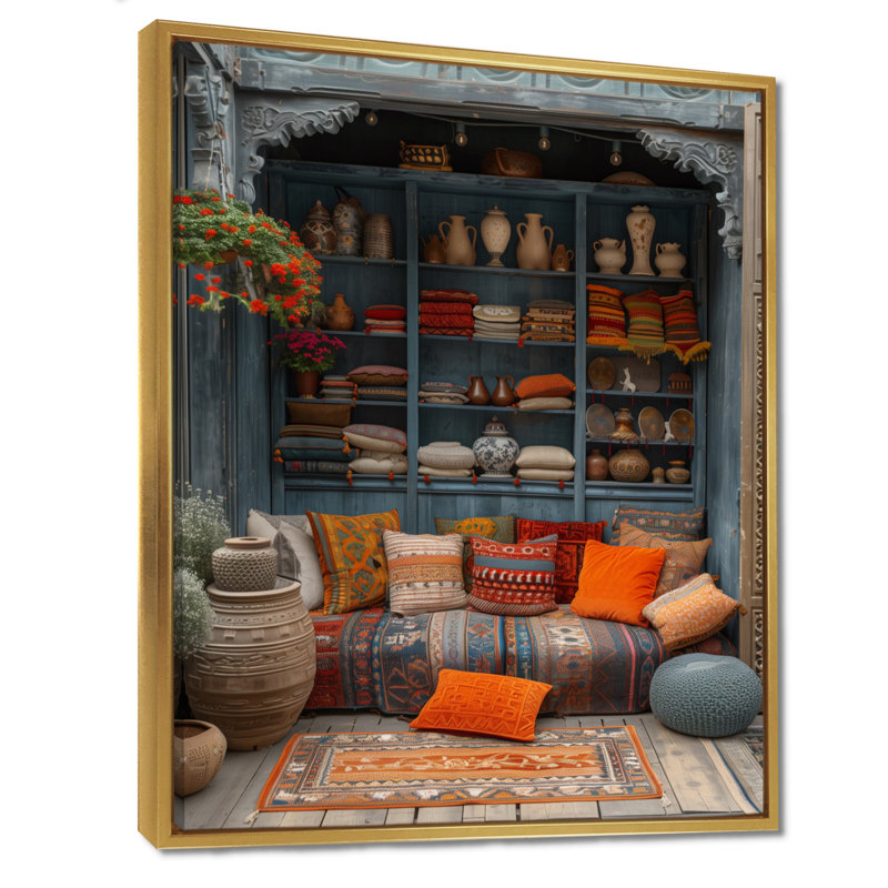 Orange bleu bohémien bazar Boho - art mural du Maroc, salon, H 32 po x l 24 po x P 1 po, Cadre flottant doré