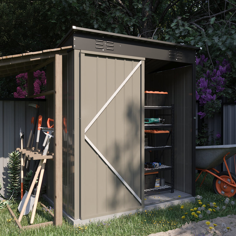 Remise en métal l 5 pi x P 3 pi pour la maison de rangement pour outils avec toit incliné et porte de patio verrouillable