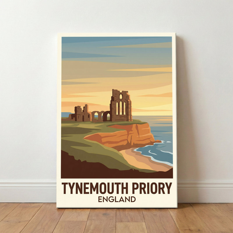 Tynemouth Priory, England - Romantic Clifftop Travel Poster of the North East Coast. Giclee Print on Wrapped Canvas. Wall Art, Home Decor - Religious & Cultural Sites, England 1 Piece Wrapped Canvas Wall Art