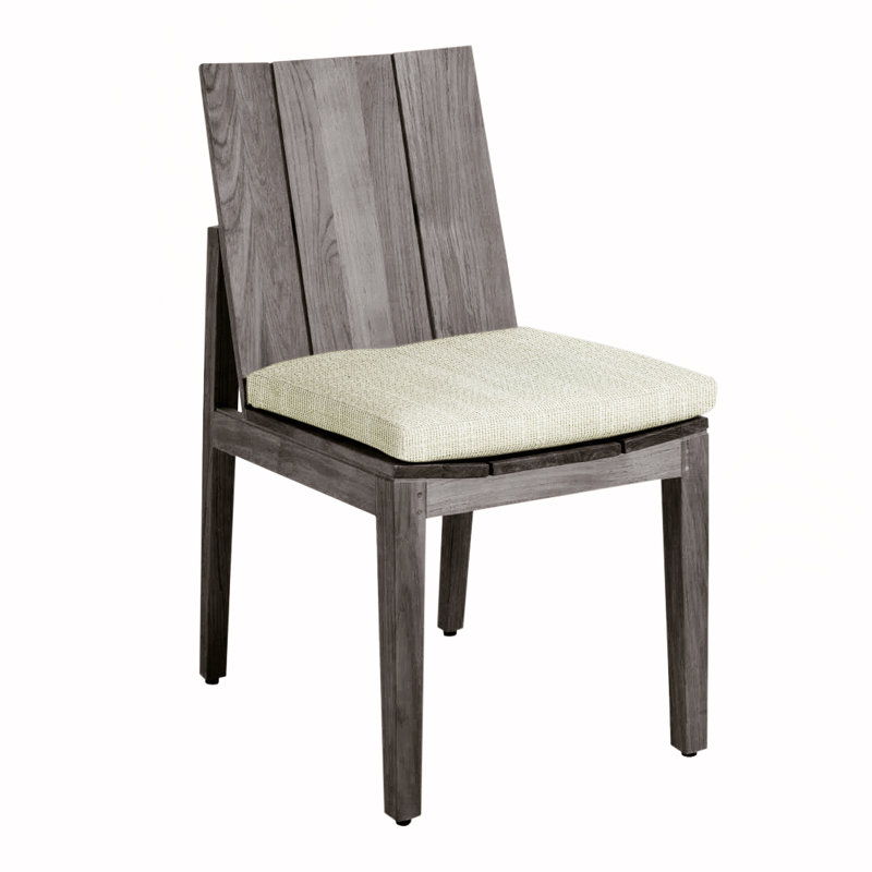Ashland Patio Dining Side Chair With Cushions, Oyster Teak, No Welt, Rollo Cream InsideOut® Linen