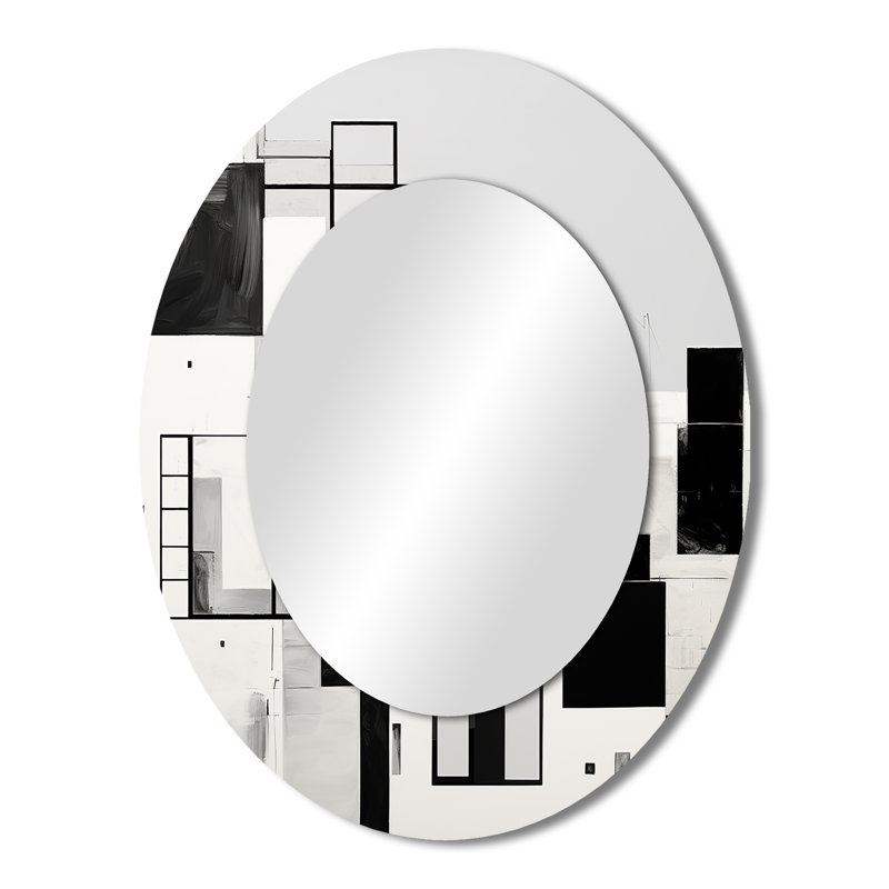 Cubic Black And White Windows To The Ocean - Abstract Oval Decorative Mirror On Metal, 43" x 33"