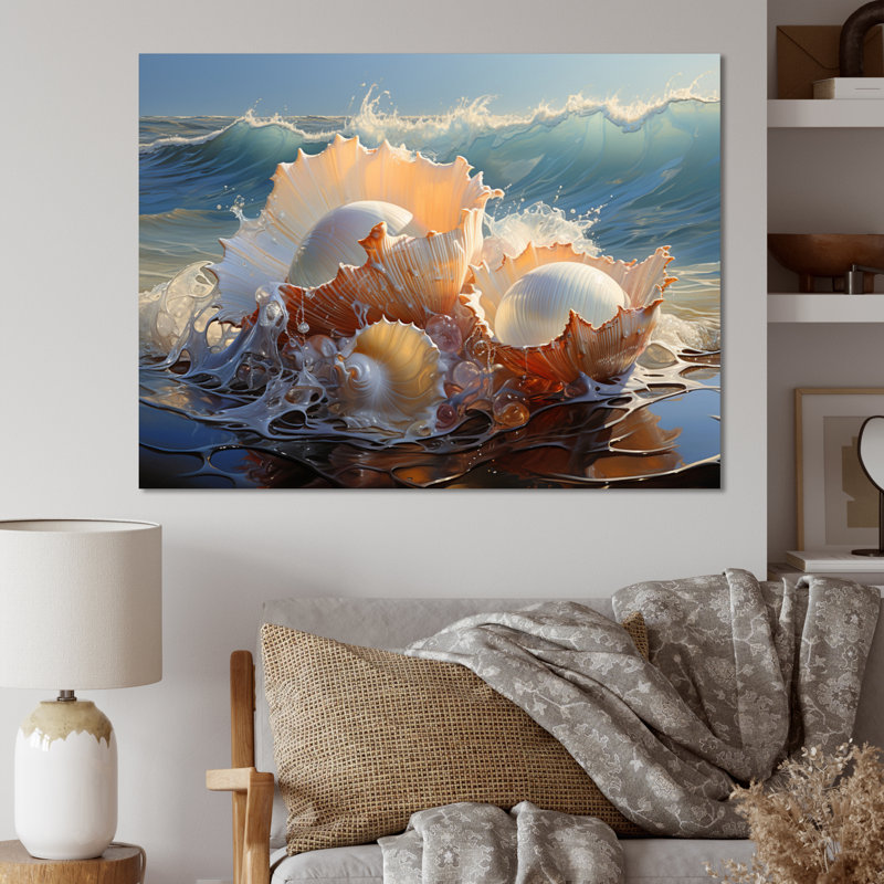 Coquillages blancs sur la plage - impression, 16" H x 32" W, Toile tendue
