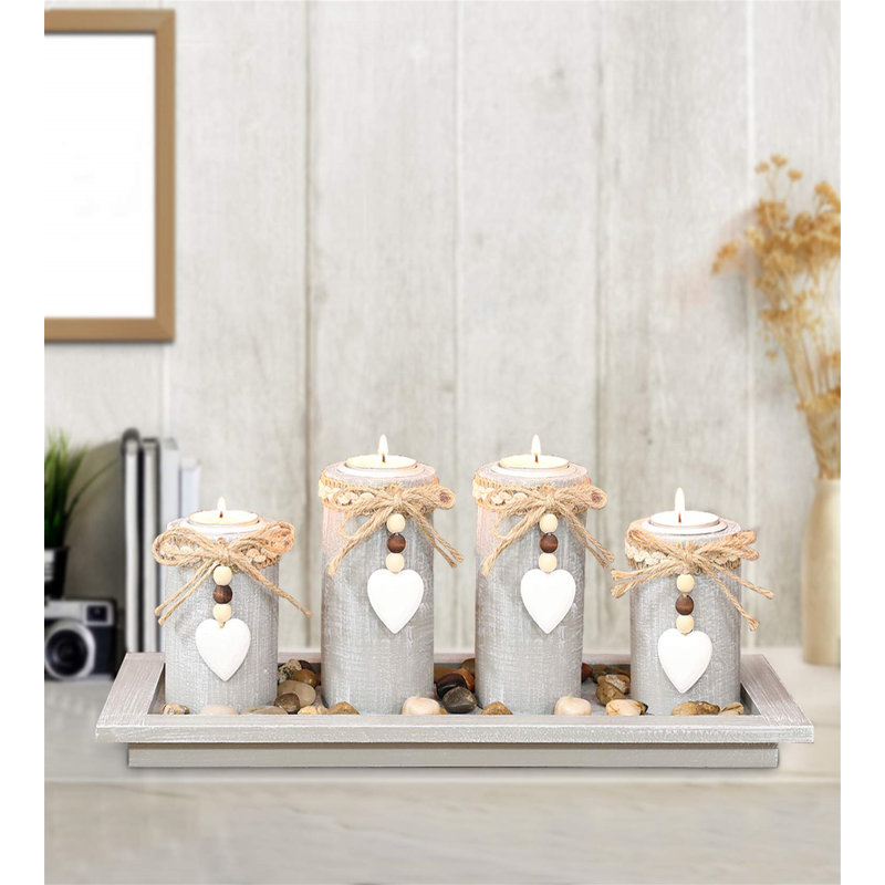 4 Piece Wood Tabletop Tealight Holder Set