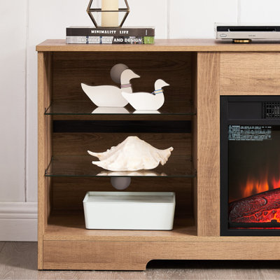 Meuble télé avec foyer encastré, chêne, compatibilité 60 - 69 po, lumières DEL, réglage visuel de la flamme 21 couleurs électriques réalistes, charge, téléviseur 60-69 po, chêne 58 po