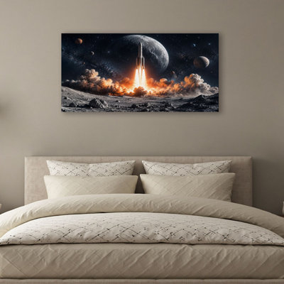 Canvas Wall Art Rocket Launching into Space Moon Planets Cosmic Wall Decor for Living Room Bathroom Bedroom Office 20"H x 40"W Art Paintings, Ready to Hang