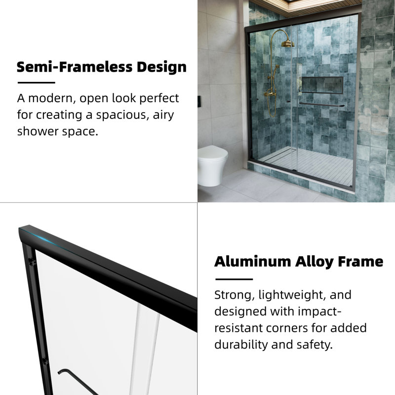 Semi-Frameless Double Sliding Shower Door, 1/4" SGCC Tempered Glass with Quiet Dual Rollers, Matte Black, 60" W x 72" H