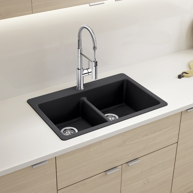 Liven SILGRANIT 33" L x 22" W Double Basin Drop-In/Undermount Kitchen Sink, Coal Black
