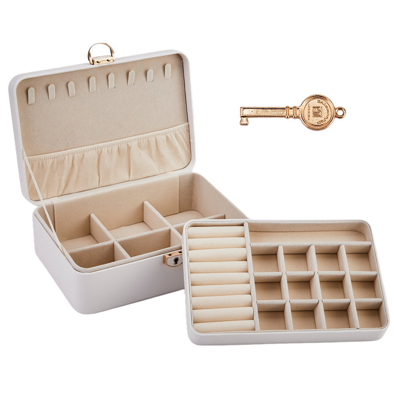 Organisateur de boîte à bijoux en cuir PU à 2 couches, étui de rangement verrouillable pour bagues, colliers et boucles d'oreilles, blanc