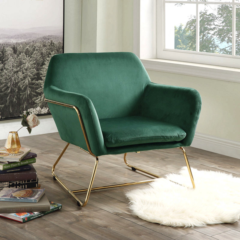 Chaise d'appoint en velours vert 29,5 po avec base en métal pour les salons modernes, Vert