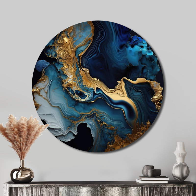 Géode abstraite marbre bleu III - Art abstrait rond en métal, H 36 po x l 36 po
